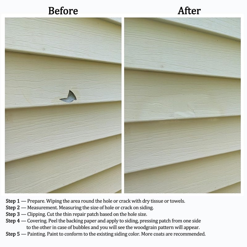 Failun Vinyl Siding Repair Kit 24Pcs 6.3X4.75Inch Self-Adhesive Vinyl Siding Patch PVC Tape Cover Any Cracks Holes Blemishes on Vinyls Sidings Fence Tools Home Skirting - Image 5